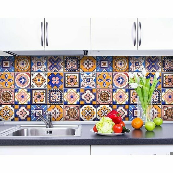 Homeroots 5 x 5 in. Blue Gold & Blush Mosaic Peel & Stick Removable Tiles 400455